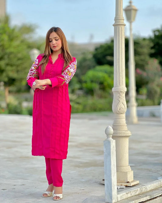 Fancy stitched Bazu Embroidery 2pcs dress for girls